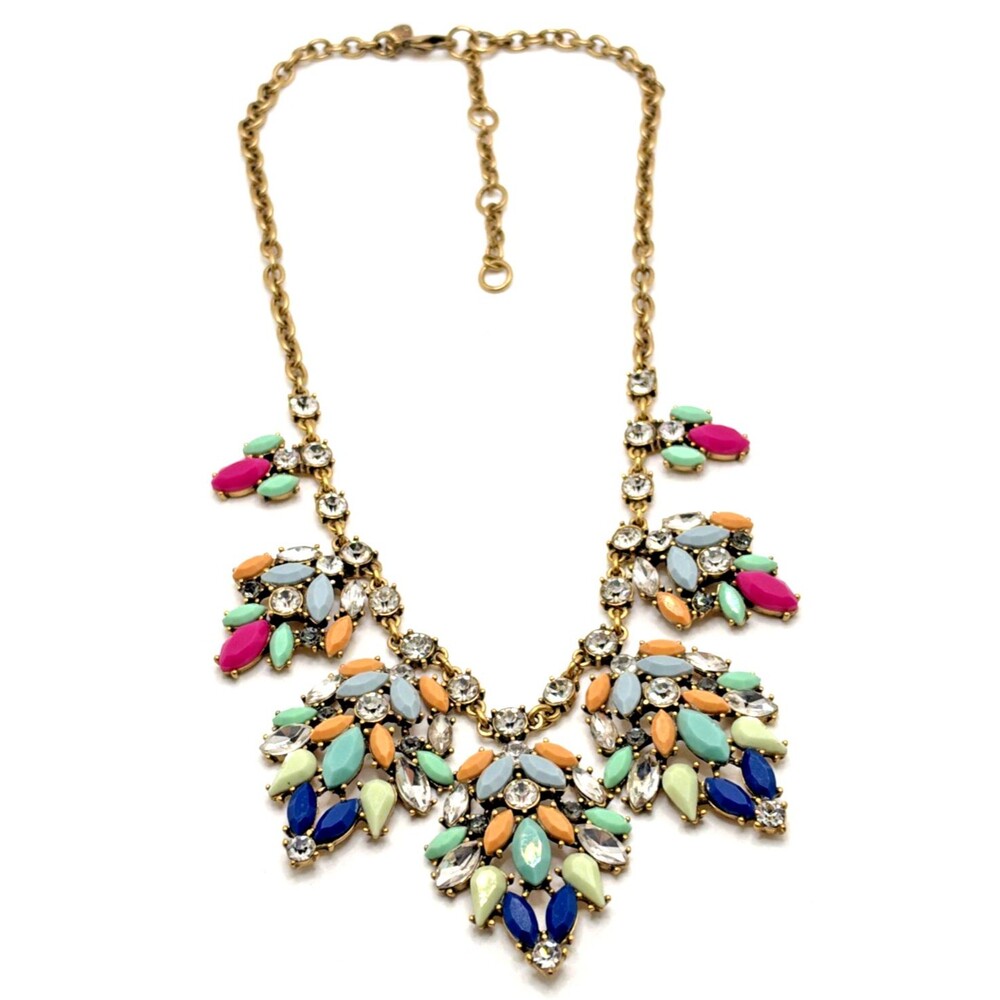 J Crew Multicolor Rhinestone Bib Necklace Floral Statement Gold Tone 18" to 21"